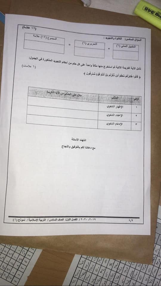 MzM2NDg4MQ767620 بالصور امتحان تربية اسلامية نهائي نموذج A وكالة للصف السادس الفصل الاول 2020